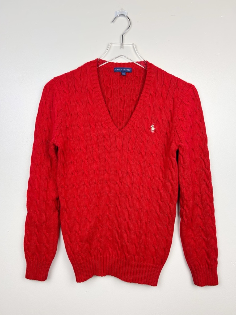 Ralph Lauren Red Cable Knit Cotton V Neck Sweater size large